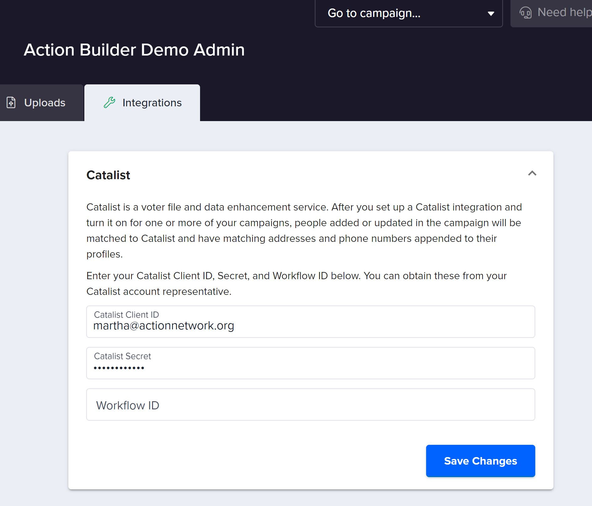 Screenshot of Catalist integration screen in Action Builder.
