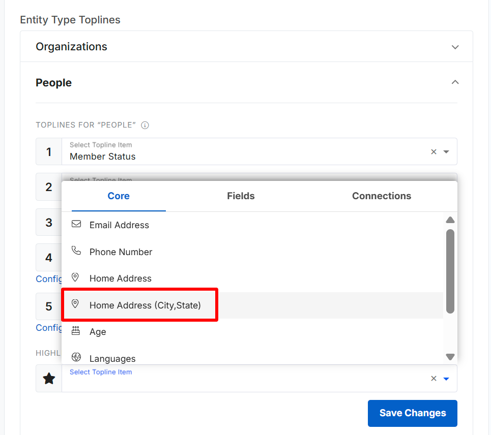 Screenshot of the Entity Type Toplines for People settings, with a callout box highlighting Home Address (City,State) in the Highlighted Topline menu 