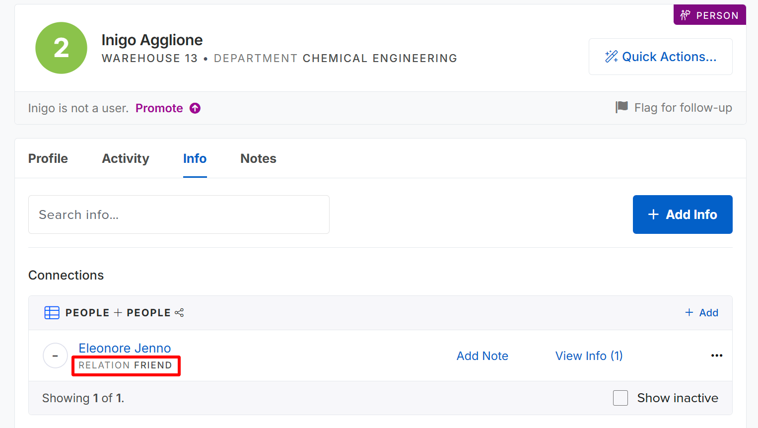 Screenshot of a Inigo Agglione's activist record. The Info tab is selected with People + People connection displayed at the top. Inigo is connected to a person named Eleonore Jenno. Relation Friend is displayed below their name, highlighted with a box