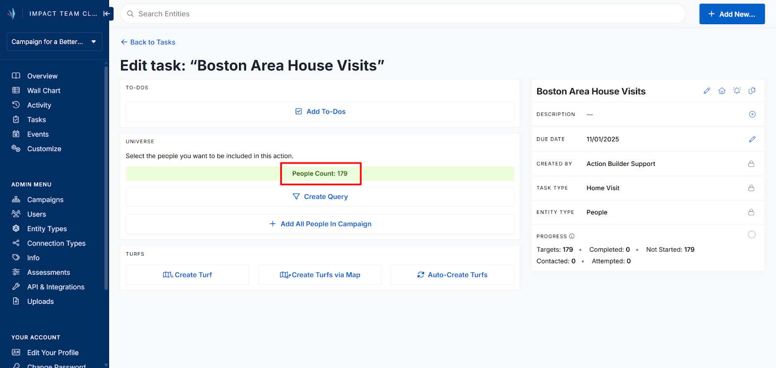 Screenshot of the Edit Task page. The people count of 179 is highlighted with a box in the Universe section of the page. 