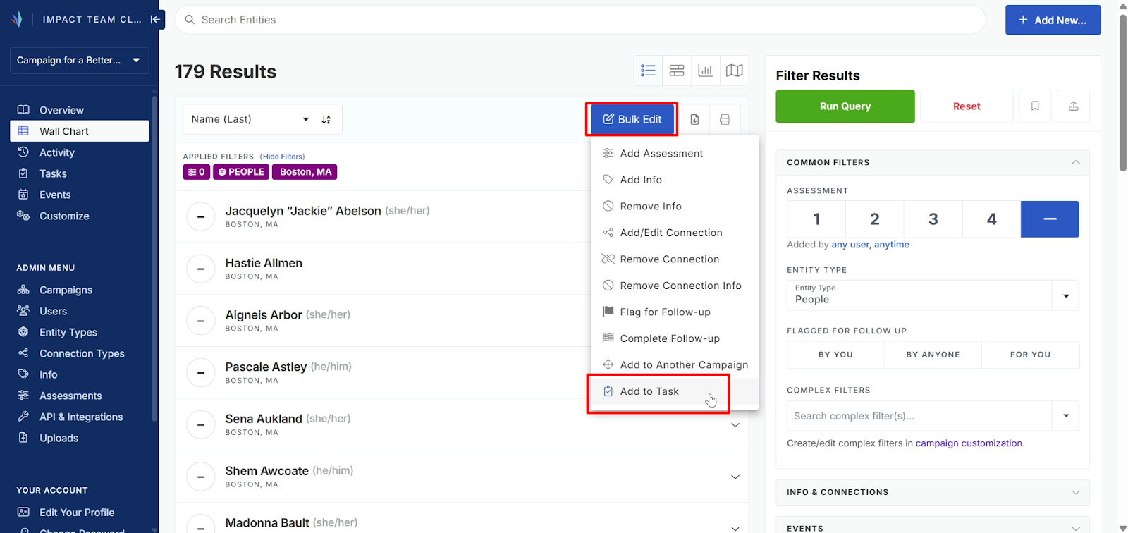 Screenshot of a Wall Chart search with 179 results. The Bulk Edit menu is opened and a box highlights Add to Task at the bottom of the list.