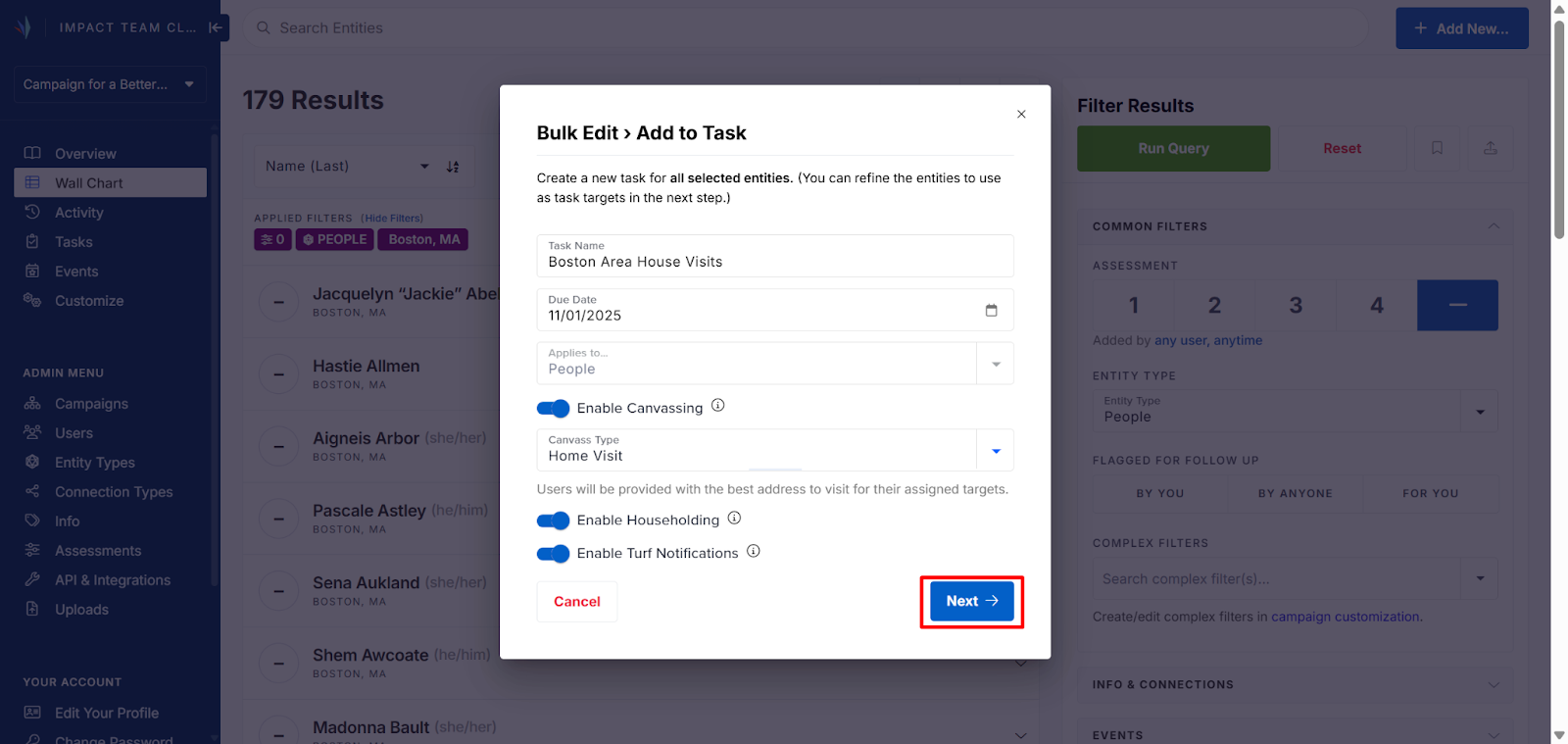 Screenshot of a Wall Chart search with 179 results with a Bulk Edit > Add To Task pop-up box open on top of it. A Next button in the bottom right corner is highlighted with a box. 