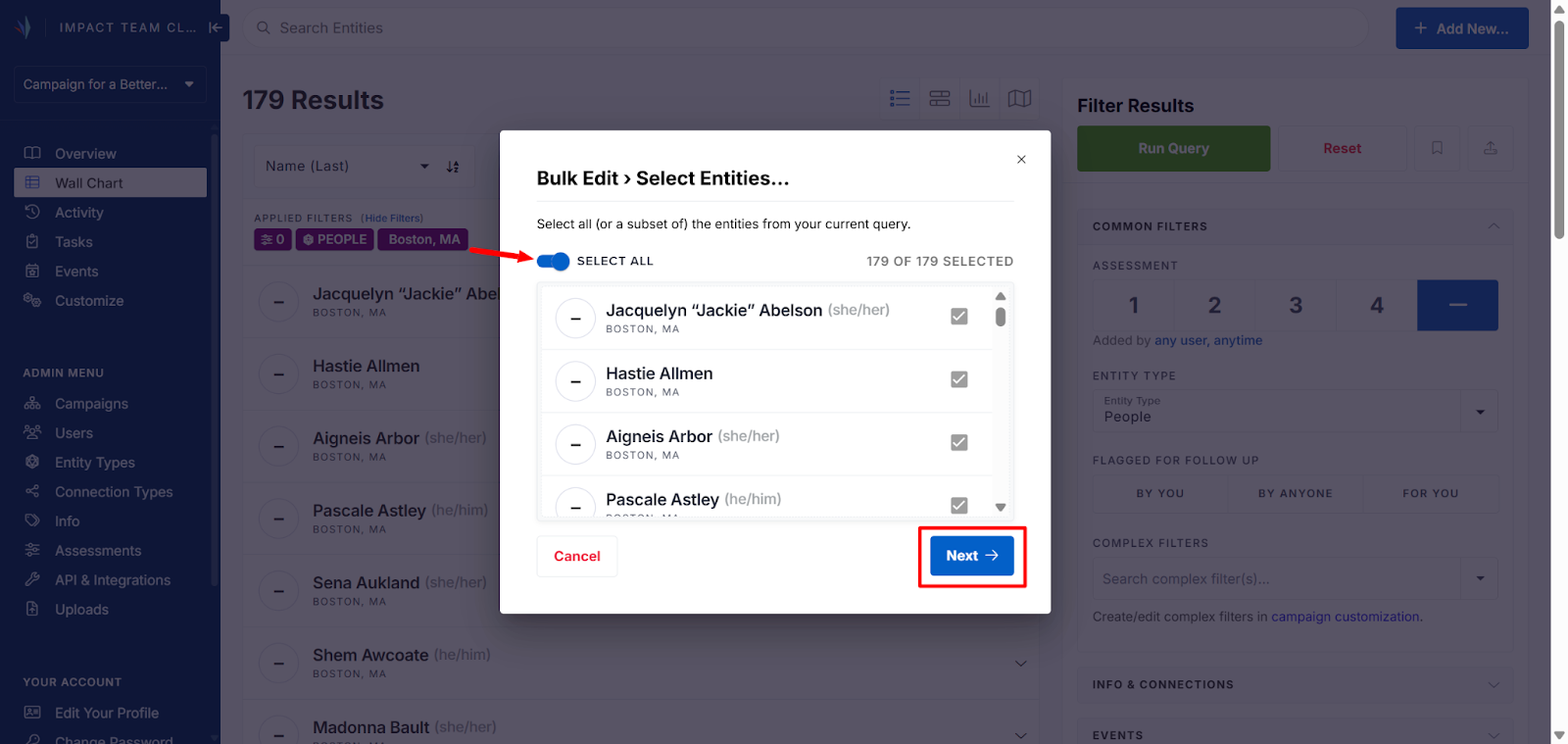 Screenshot of a Wall Chart search with 179 results. The Bulk Edit > Select Entities pop-up box is open on top of it. An arrow points at the Select All toggle a the top of a preview list, and a box highlights the Next button in the bottom right corner.