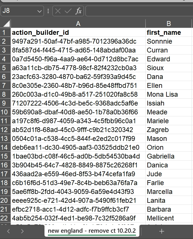 Screenshot of a csv file open in Microsoft Excel. It has two columns, A is an action builder ID, B is a first name