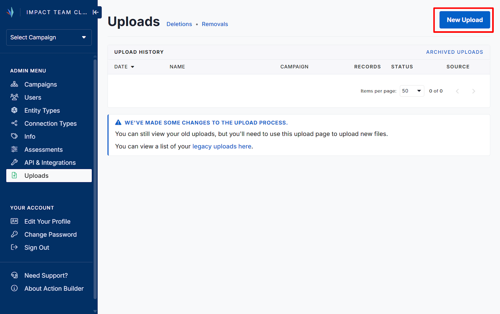 Screenshot of the Uploads page with a red box around New Upload in the top right corner