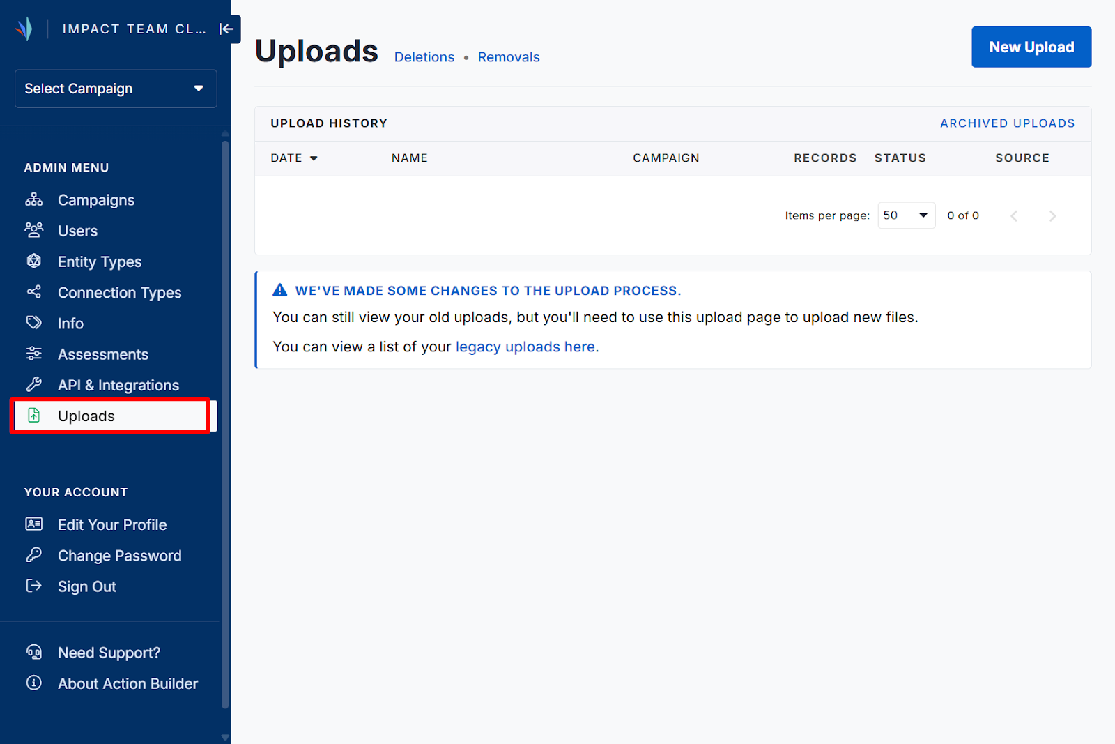 Screenshot of the Uploads page with a red box around Uploads on the left Admin Menu
