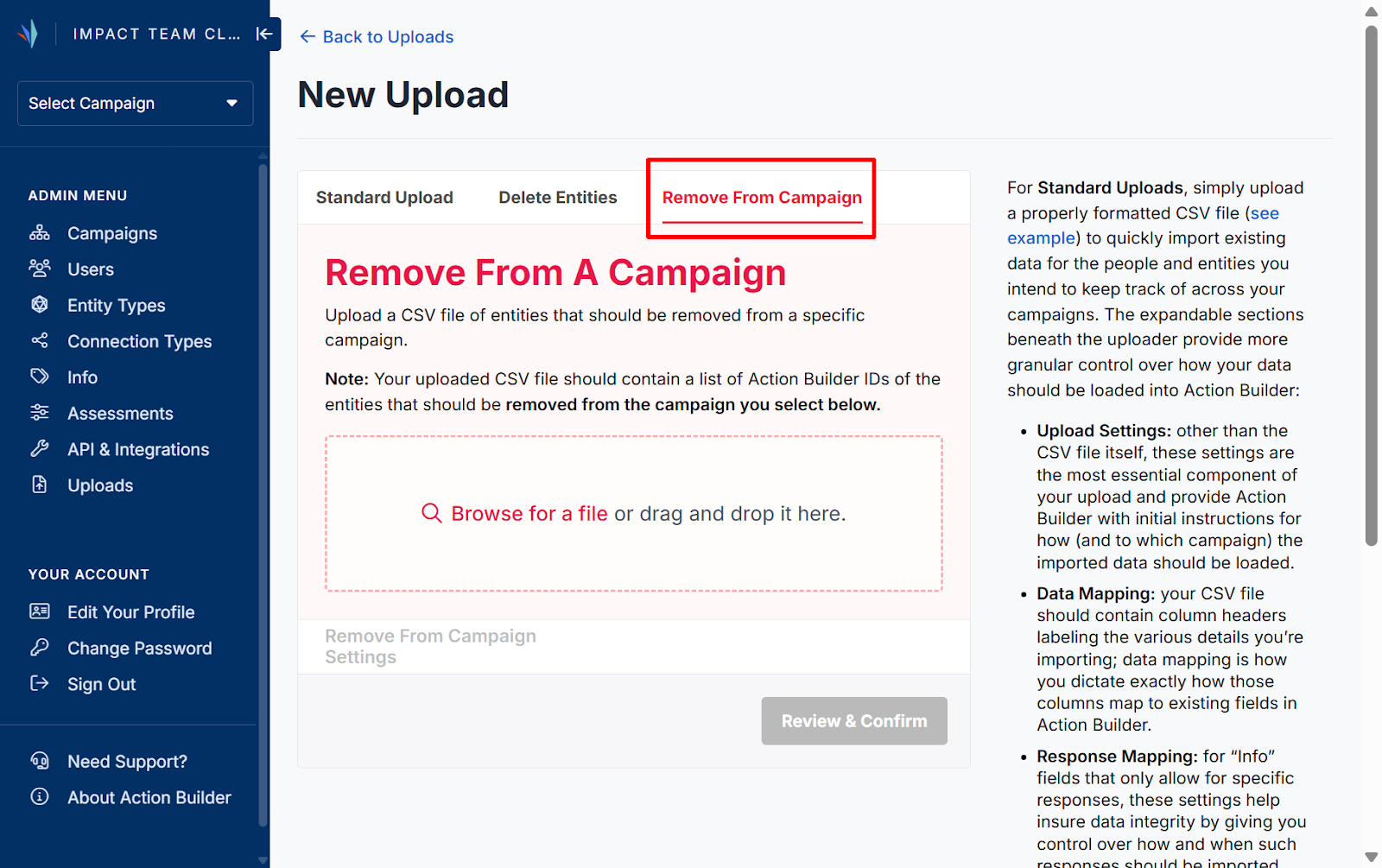 Screenshot of the New Upload page. There are three tabs: Standard Upload, Delete Entries, Remove from Campaign. Remove from Campaign is selected with a red callout box highlighting it. The page has a slightly different format than the Standard Upload page. 