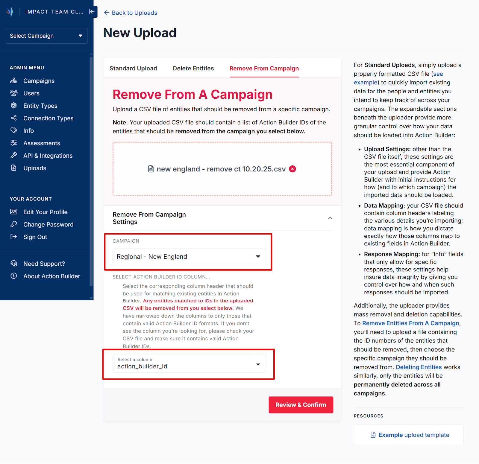 Screenshot of the Remove from Campaign uploads page. A file is selected, and red boxes highlight the Campaign select drop-down and Column select drop-down