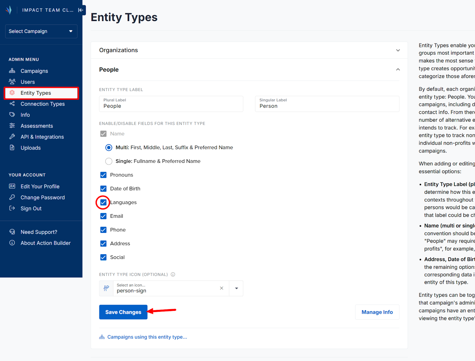Screenshot of the Entity types page. The People accordion is open with multiple options. A red circle highlights the Languages option, which is fourth on the list. An arrow points out the Save Changes button at the bottom of the entity type information.