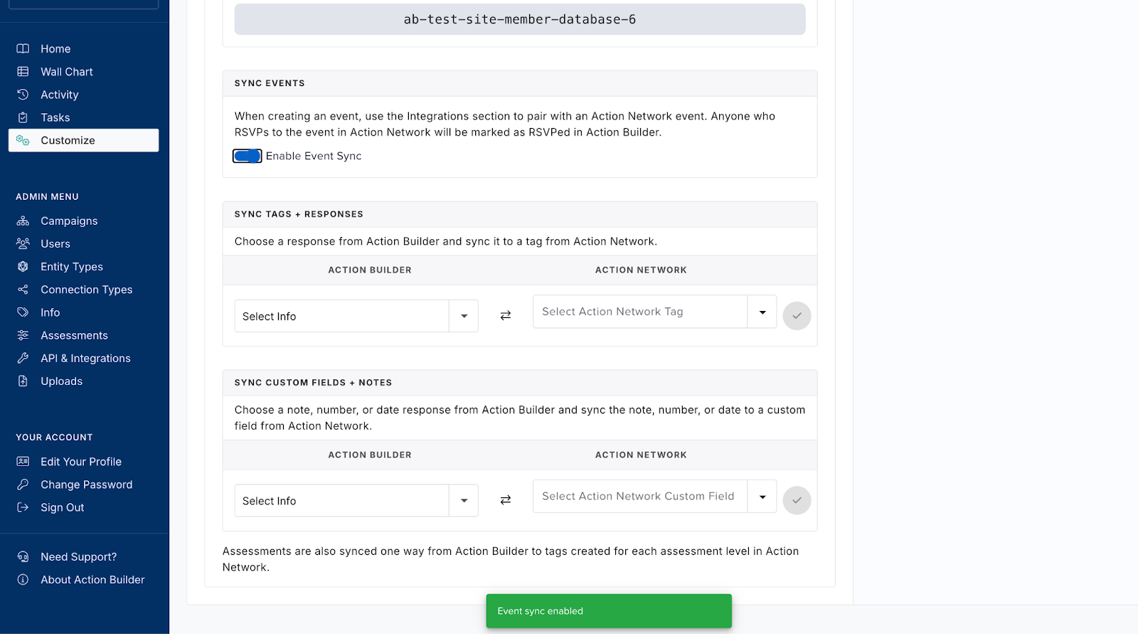 Events Sync toggle in Campaign Customization
