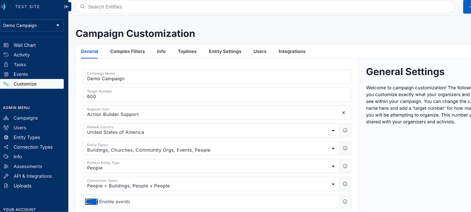 Events Sync settings screen
