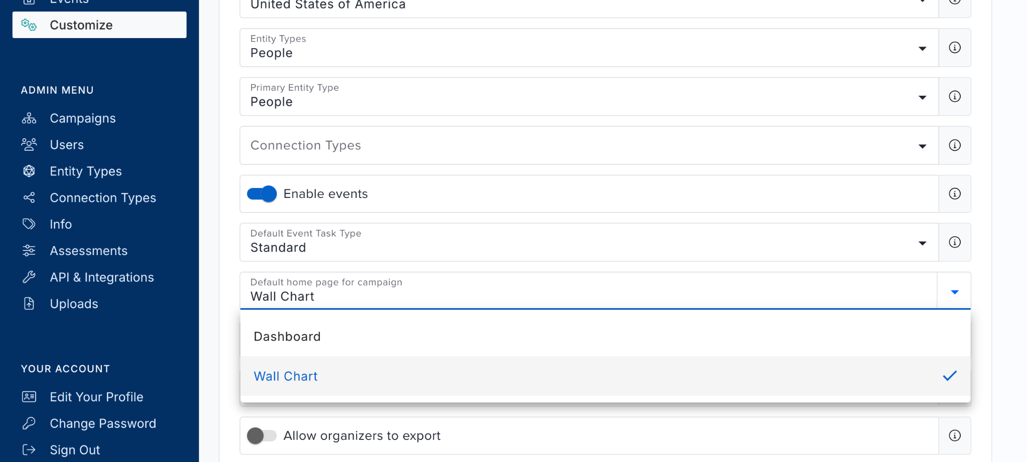 Campaign Dashboard default home page setting