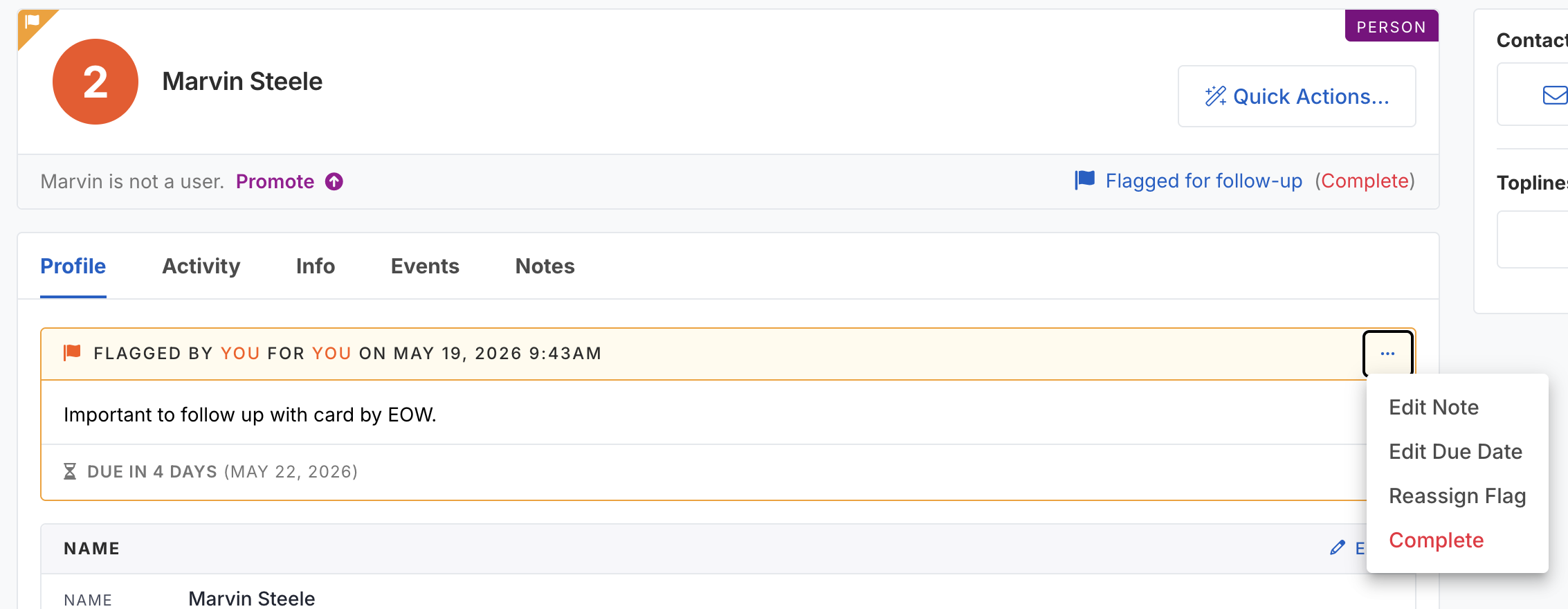 Follow-up flag with due date on entity profile
